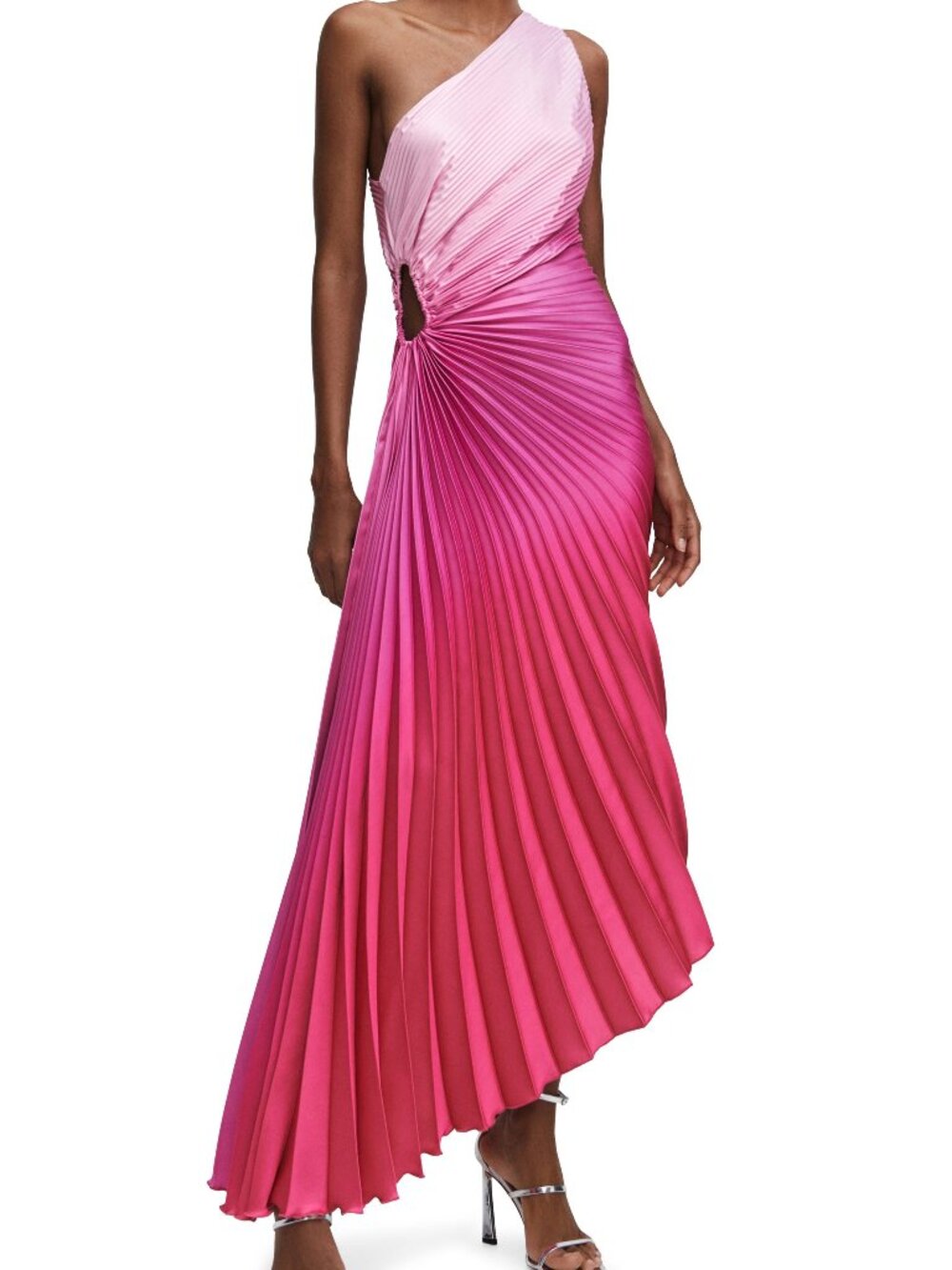 Mango Pink Ombre One-Shoulder Pleated Maxi Dress